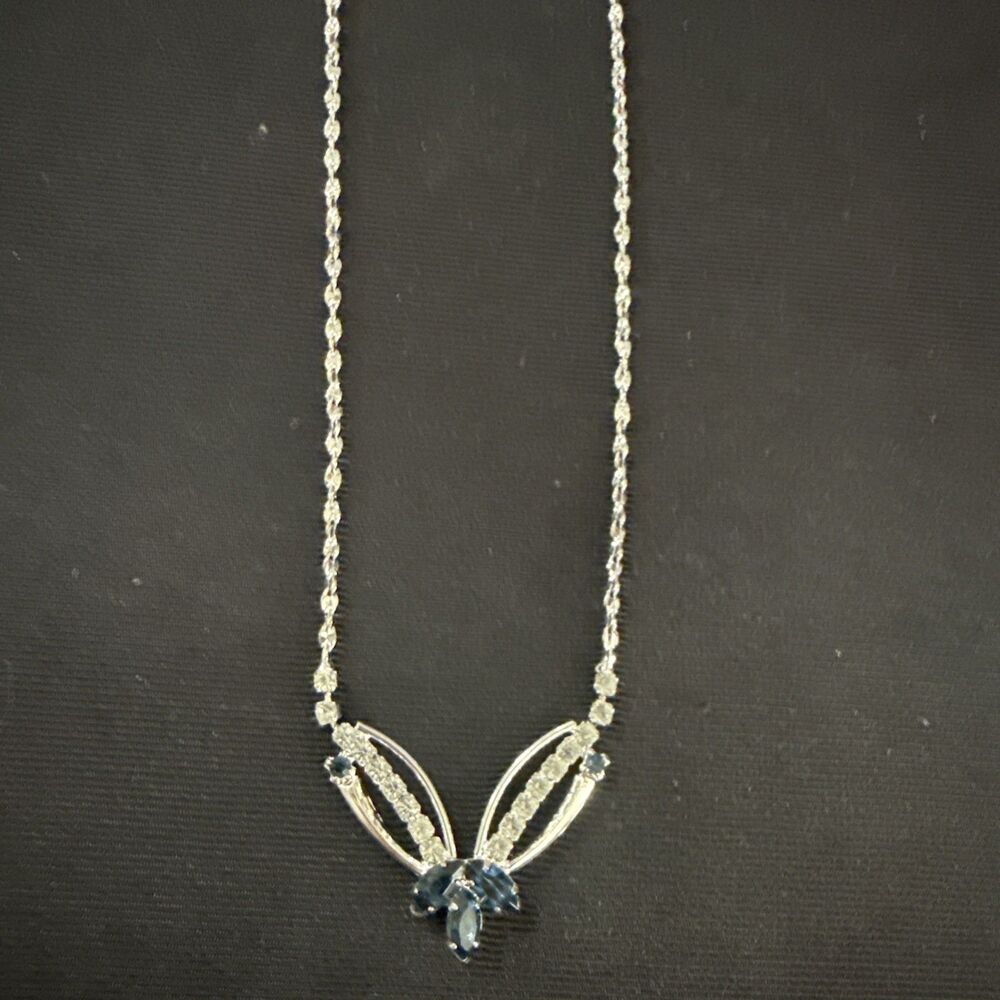 Vintage Signed S.P.B.C. Lind Necklace Silver Plated Rhinestone Blue Adjustable